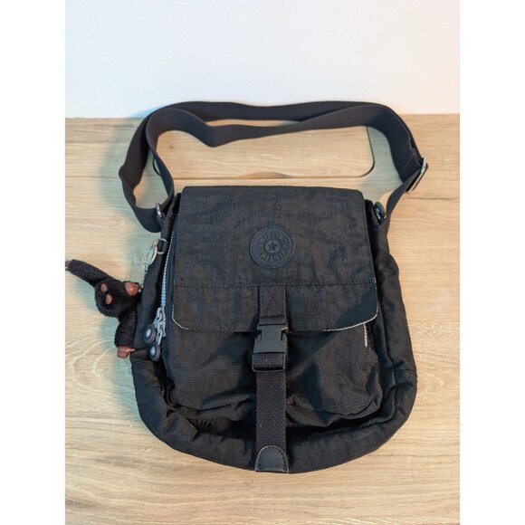 Kipling Lancelot Nylon Crossbody Bag Multi Pockes Black w/monkey - Picture 1 of 9